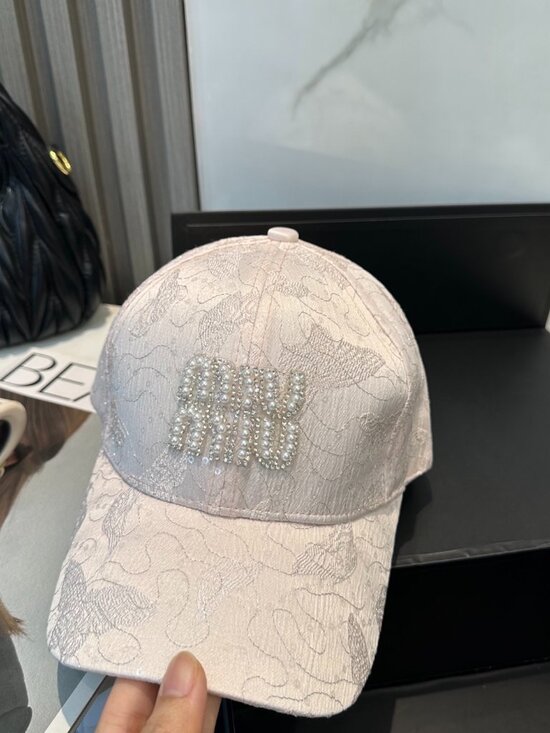 Miu Miu Light Pink Embroidered Crystal Logo Baseball Cap main image 4